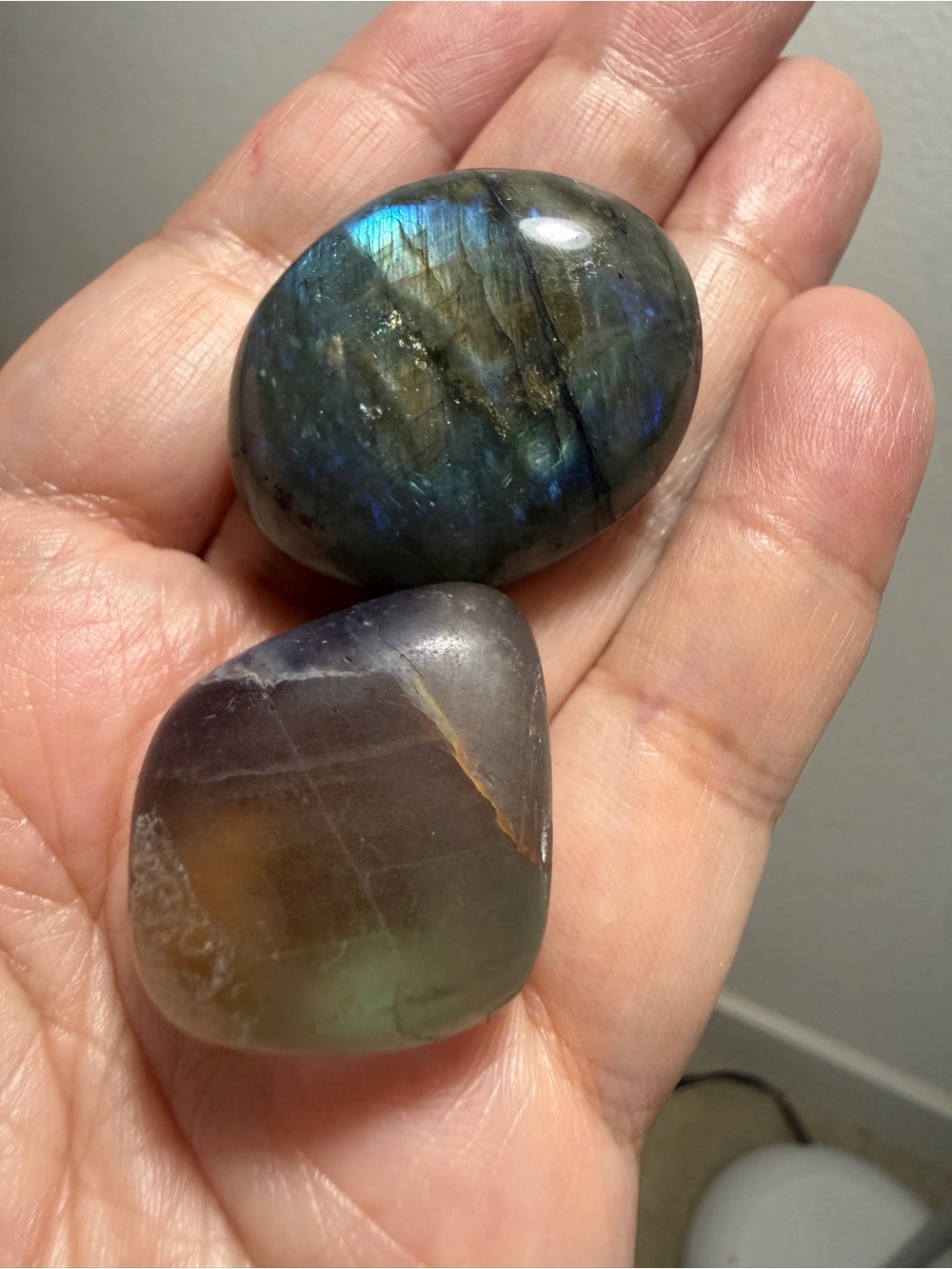 Labradorite Palm Stone & Fluorite Tumble Set • Intuition & Focus Crystal Duo